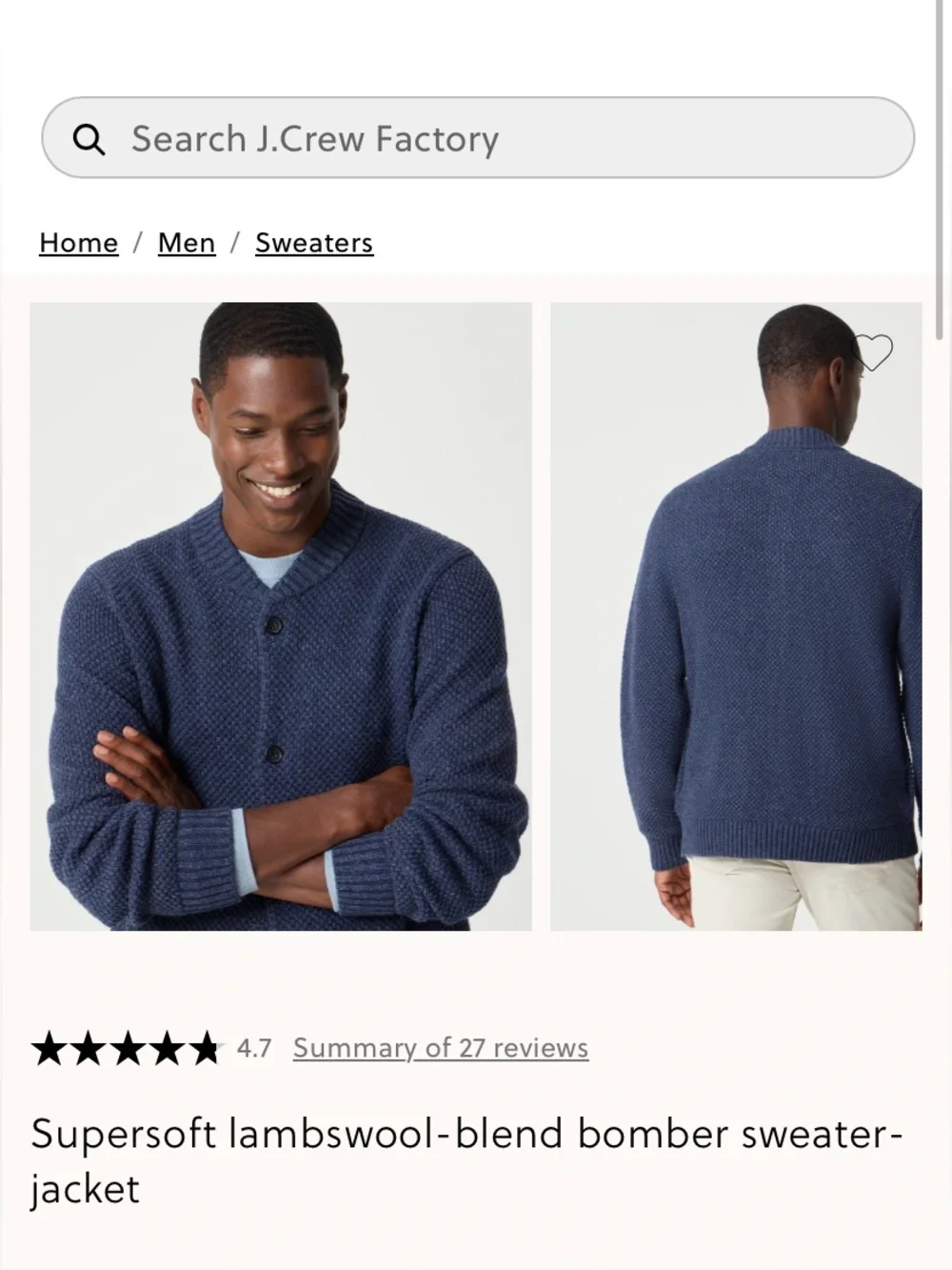 J. Crew Men’s Supersoft Lambswool-blend Gray  Bomber Sweater jacket Size Large